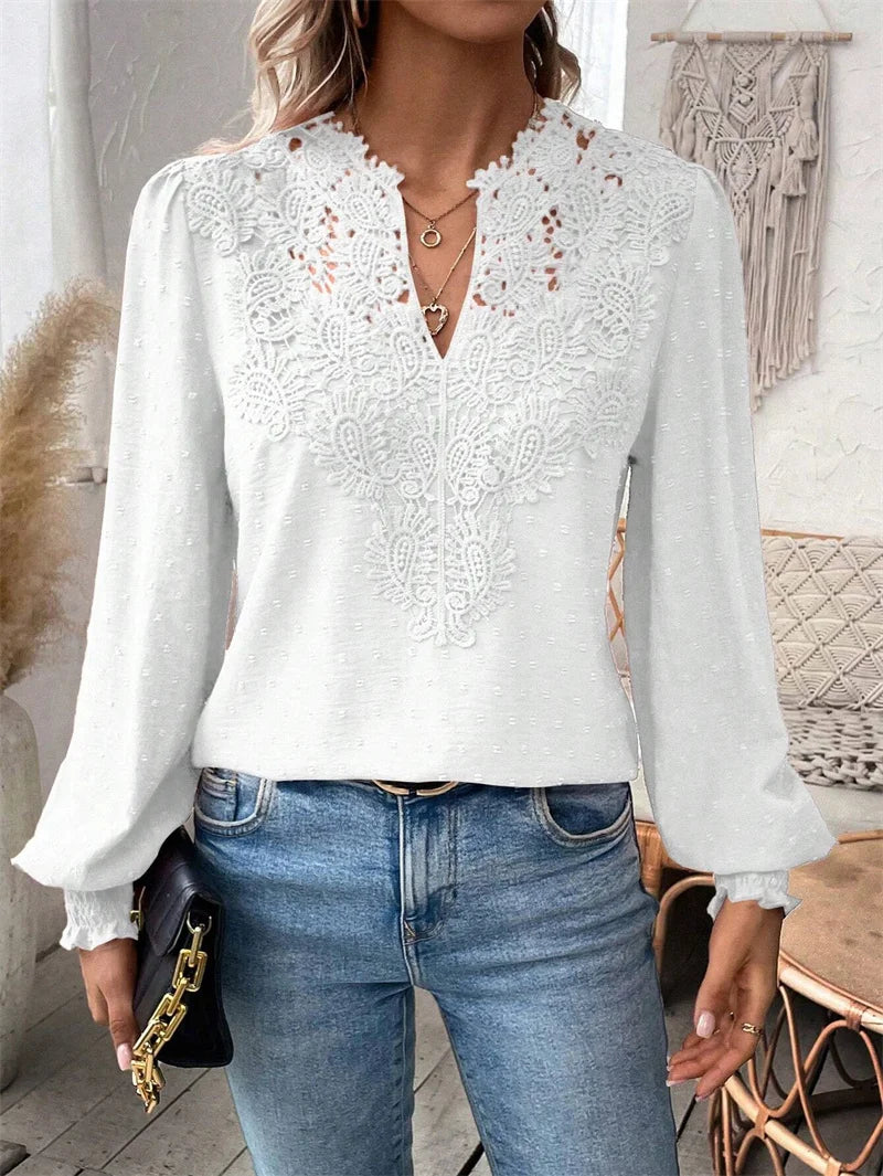 Elegant Hollow Out Lace Decoration Shirt Women Deep V Neck Pullover Blouse Female Solid Color Jacquard Lantern Long Sleeve Tops