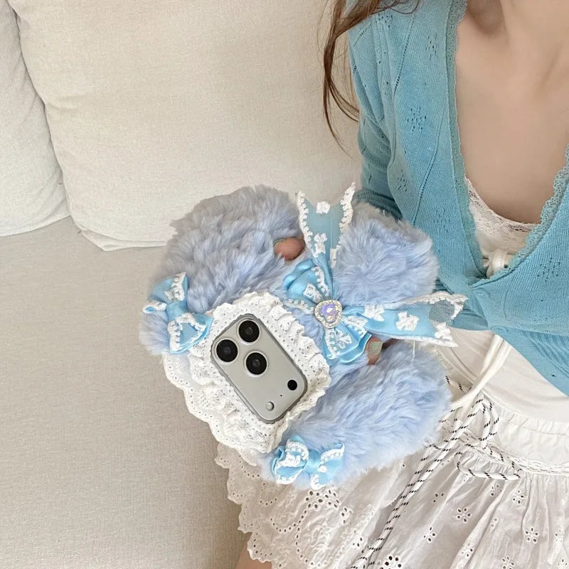 Plush Cute pink blue rabbit  Phone Case for IPhone17 16 15 14 13 Pro Max Soft Silicone Warm Fur Anti-drop luxury Back Cover