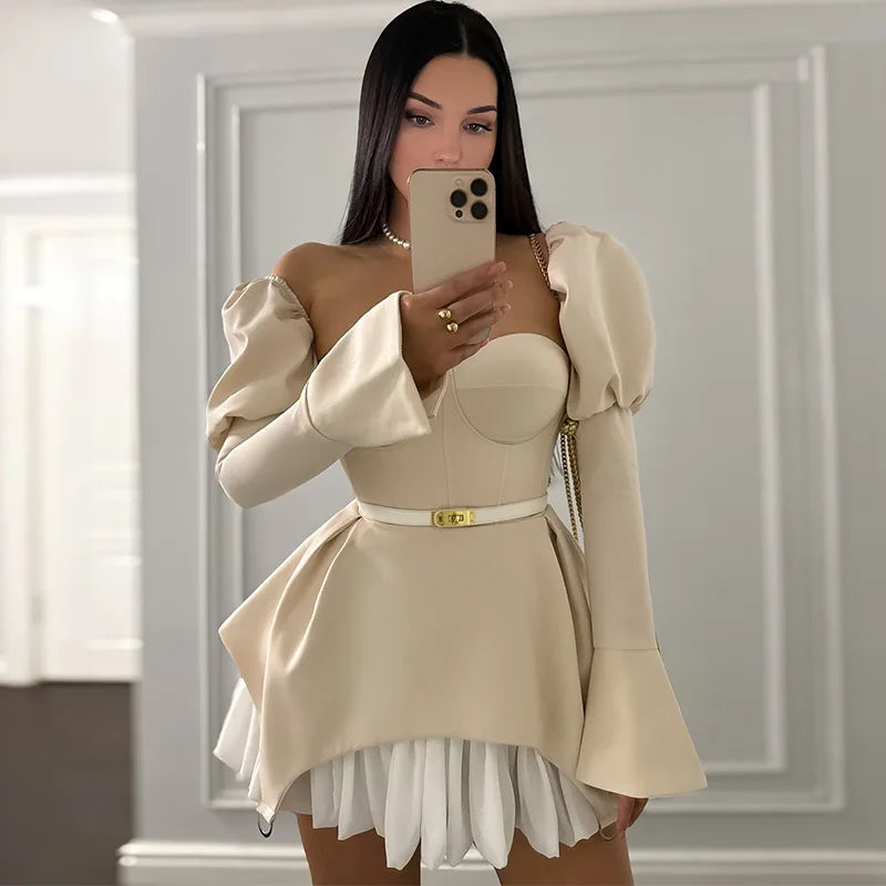Dress Women Sexy Mini Dresses Irregular Folds Patchwork Puff Sleeve Square Collar Above Knee 2025 Summer Party A Line Vestidos