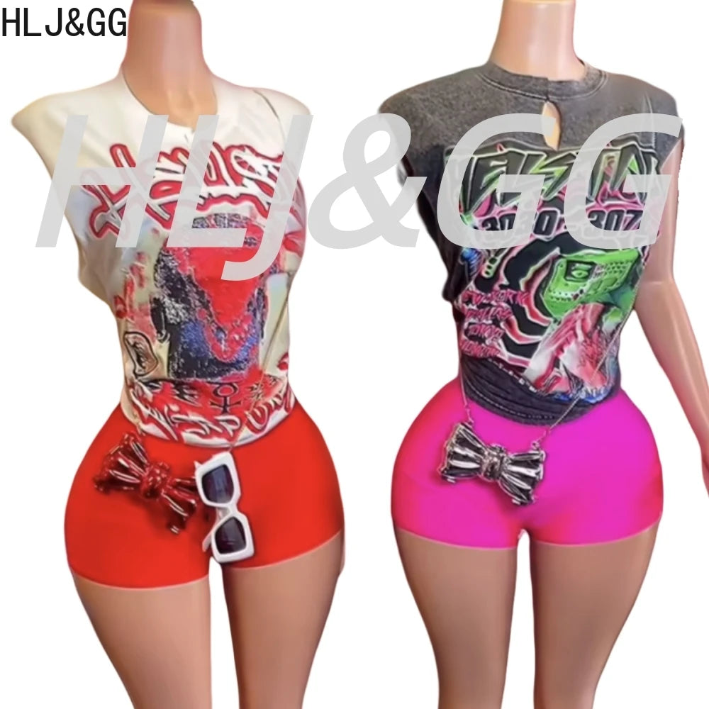 HLJ&GG American Retro Fashion Letter Print Loose Tshirts Two Piece Sets Women O Neck Short Sleeve Top+Shorts Outfits Streetwear