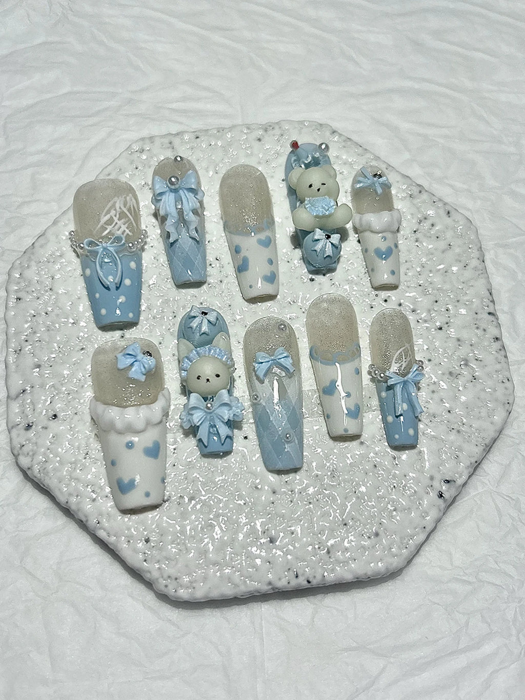 10PCS Kawaii 3D Bow Teddy French Handmade Press On Nails Cute Blue Bunny Long Fake Nails Pearls Heart Polka Dot Girl Nail Art