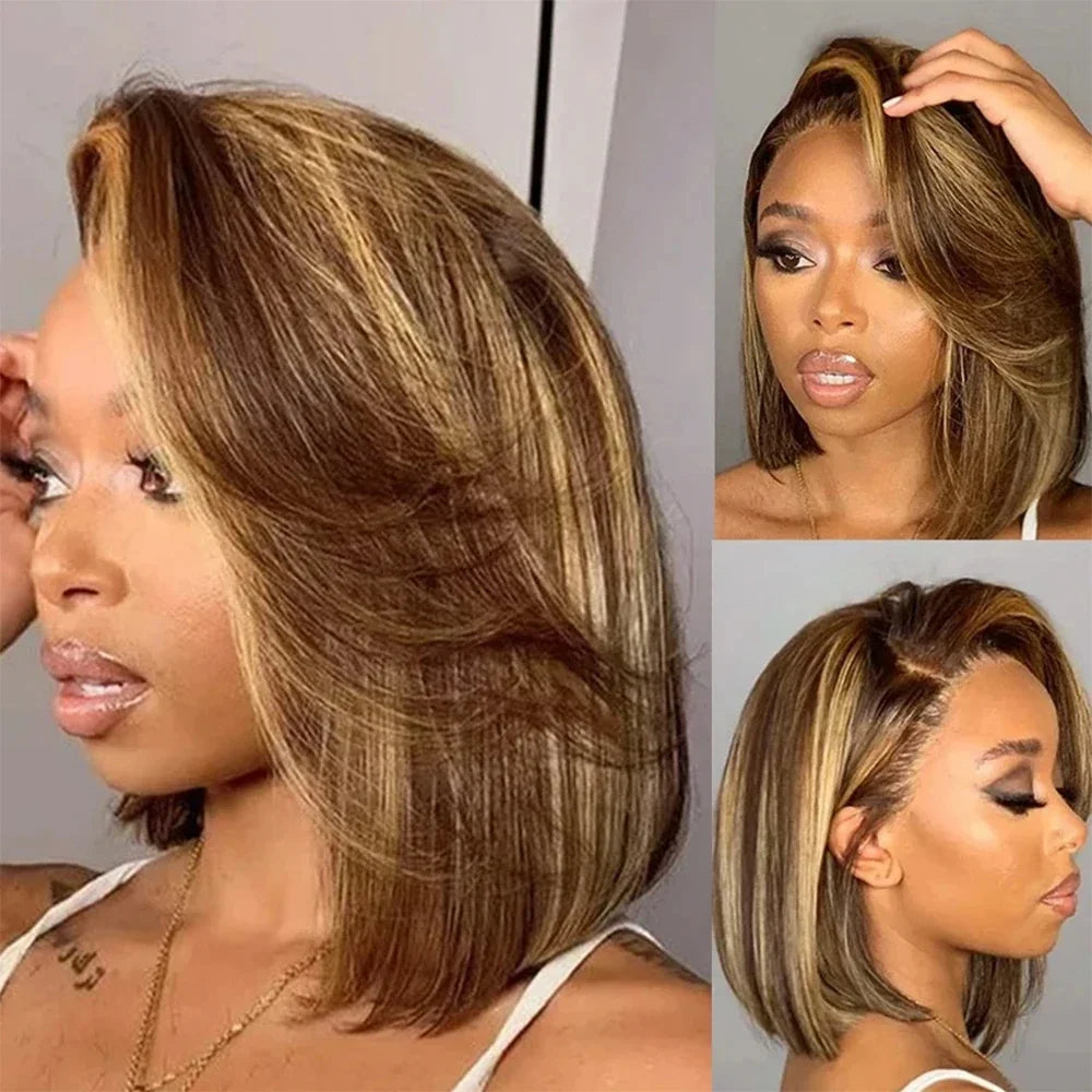 Straight Highlight Ombre Bob Wigs Human Hair 4/27 Honey Brown 13x4 Transparent Lace Front Human Hair Brazilian Wig Density200%
