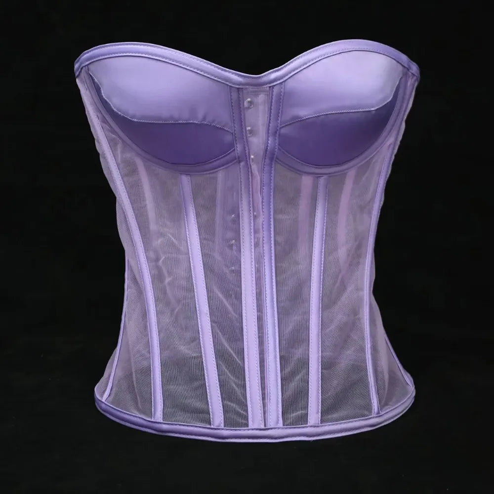 Women Corset Bustier With Bra Transparent Mesh Bodices For Wedding Body Shaper Slimm Waist Lace Up Boned Strapless Tube Tops