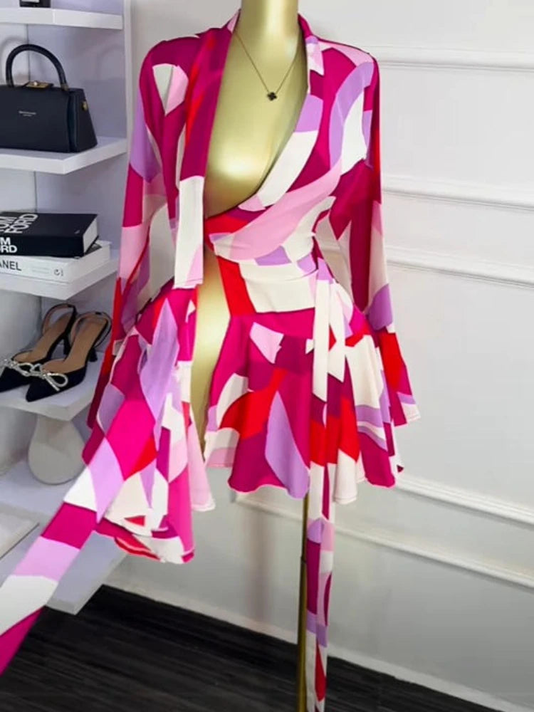 Elegant Women Tie Dye Print Flare Long Sleeve Wrap V-neck with Sashes Ruffle Dress 2026 Elegant Vacation Party Birthday Dresses