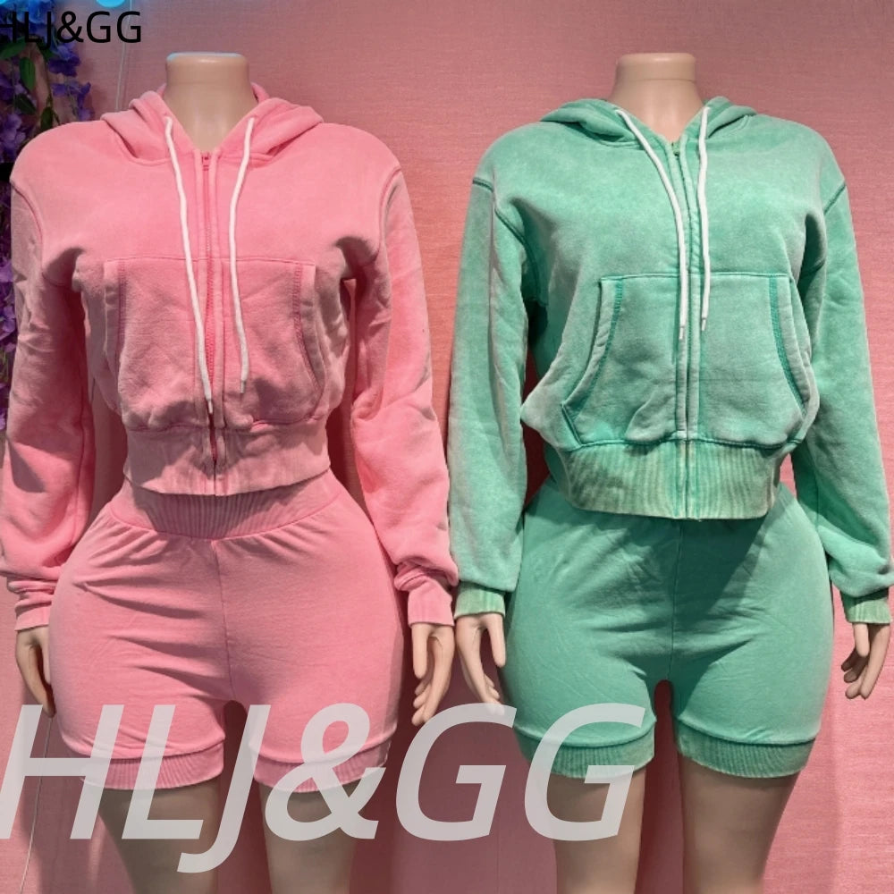 HLJ&GG High Quality Washed Casual Zip Hooded Two Piece Sets Women Long Sleeve Top+Biker Shorts Outfits Fashion Sporty Streetwear