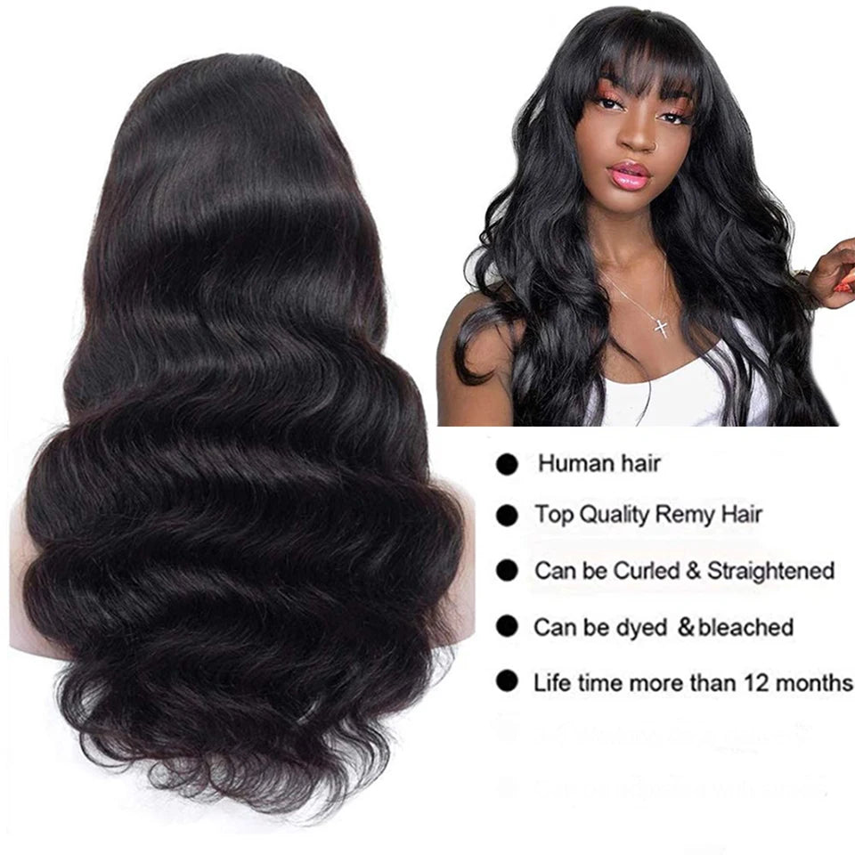 16A Glueless Body Wave Wig With Bangs Black Women's Human Hair Wig Without Glue Fully Machine Made Wig With Bangs Body Wave Wig