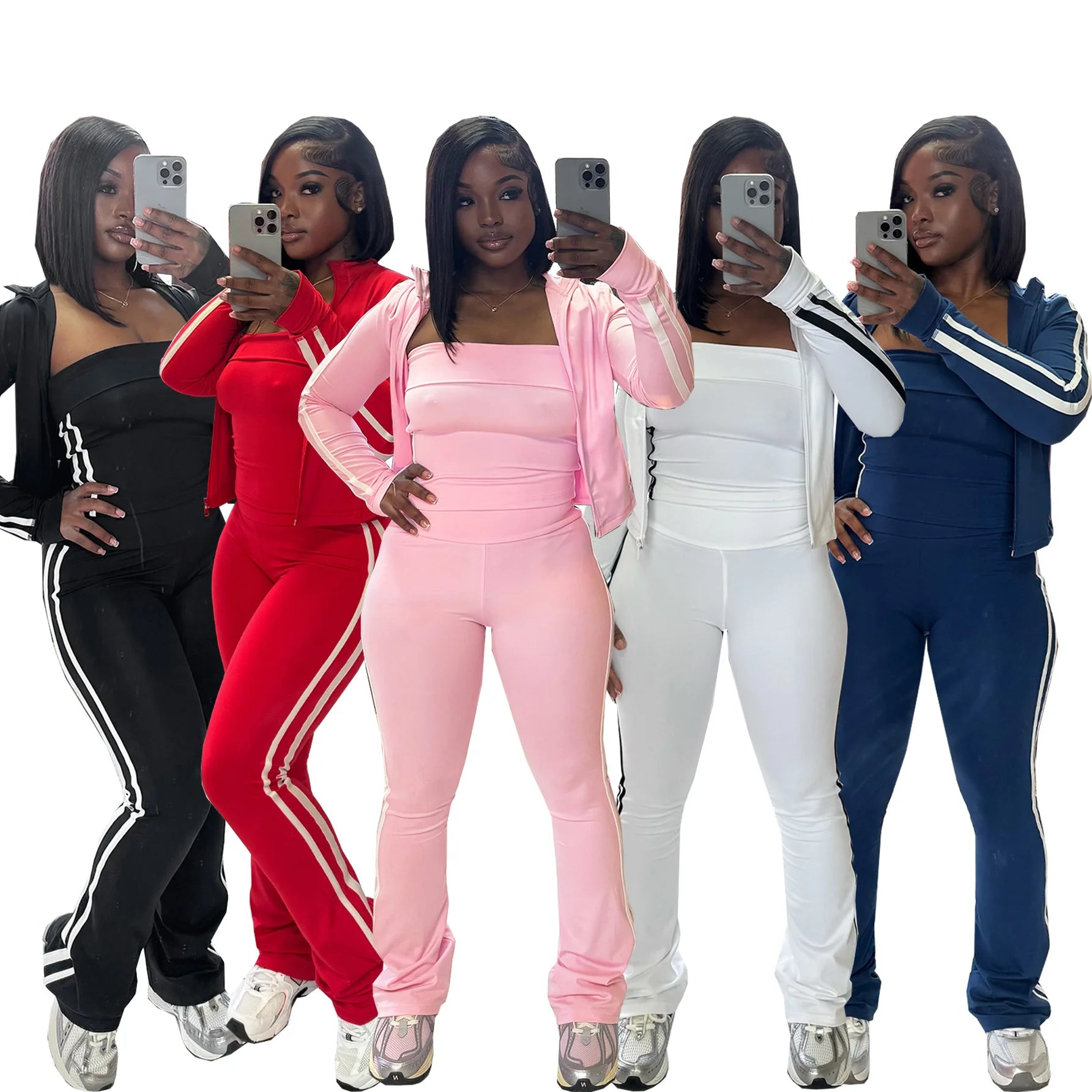 CM.YAYA Women's Set Long Sleeve Cargidan +strapless and Striped Pants Suit Three 3 Piece Set 2025 Street Active Outfit Tracksuit