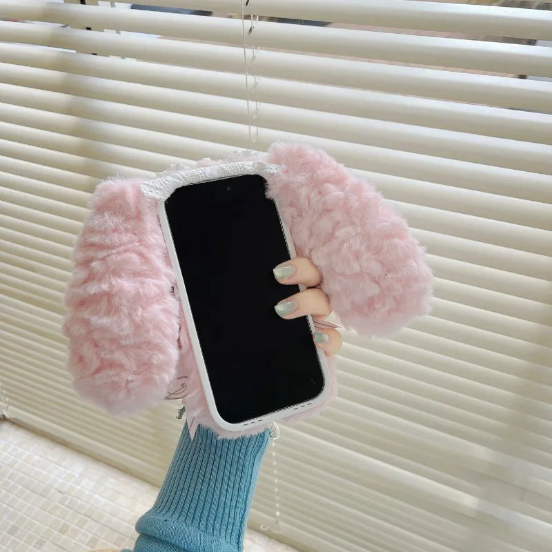 Plush Cute pink blue rabbit  Phone Case for IPhone17 16 15 14 13 Pro Max Soft Silicone Warm Fur Anti-drop luxury Back Cover