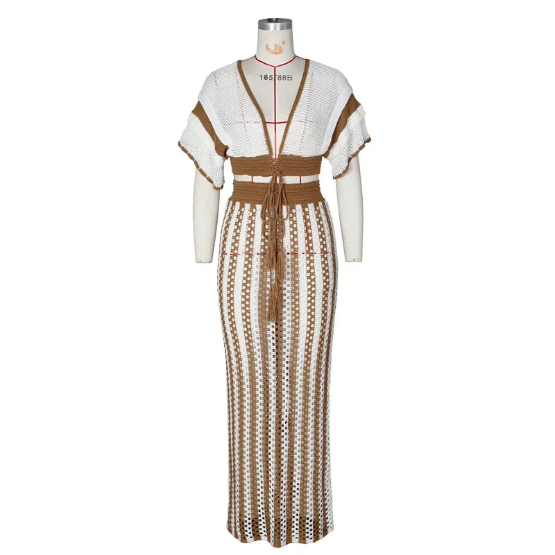 Striped Knitted Two Piece Set Women Outfit Y2K Clothes Clubwear Party Hollow Out V-neck Crop Top and Long Skirt Maxi Dress Sets