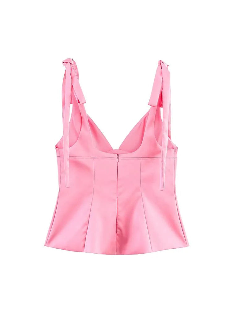 2025 Women Summer Casmis Tank Tops Fashion Sweet Solid Strapless Drawstring Bow Female Elegant Street Top Clothing