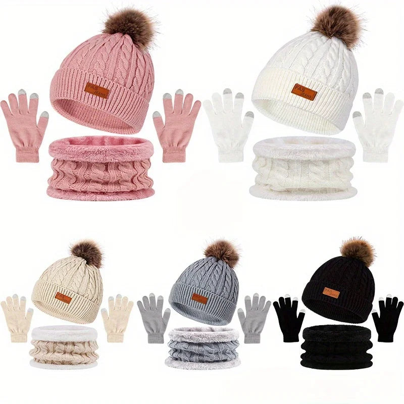 Warm & Soft Winter Fleece Knitted Hat Scarf Touch Screen Gloves 3Pcs Set Perfect Ear & Neck Warmer for Skiing Hat Outdoor Sports