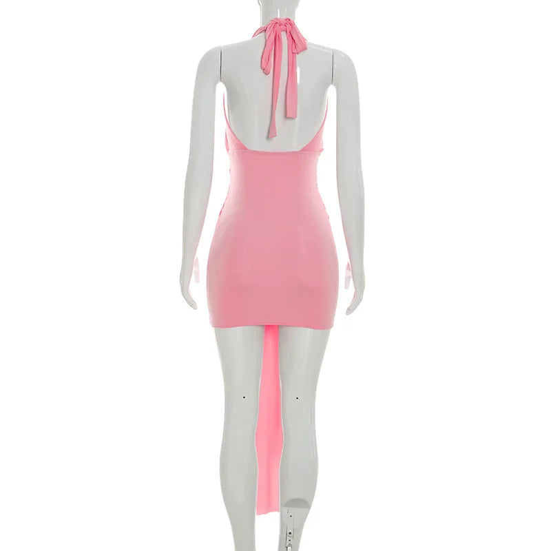 Metal Ring Ribbon Ruched Bodycon Mini Dress Women Solid Sexy Deep V Neck Lace Up Halter Backless Wrap Hip Slim Party Clubwear