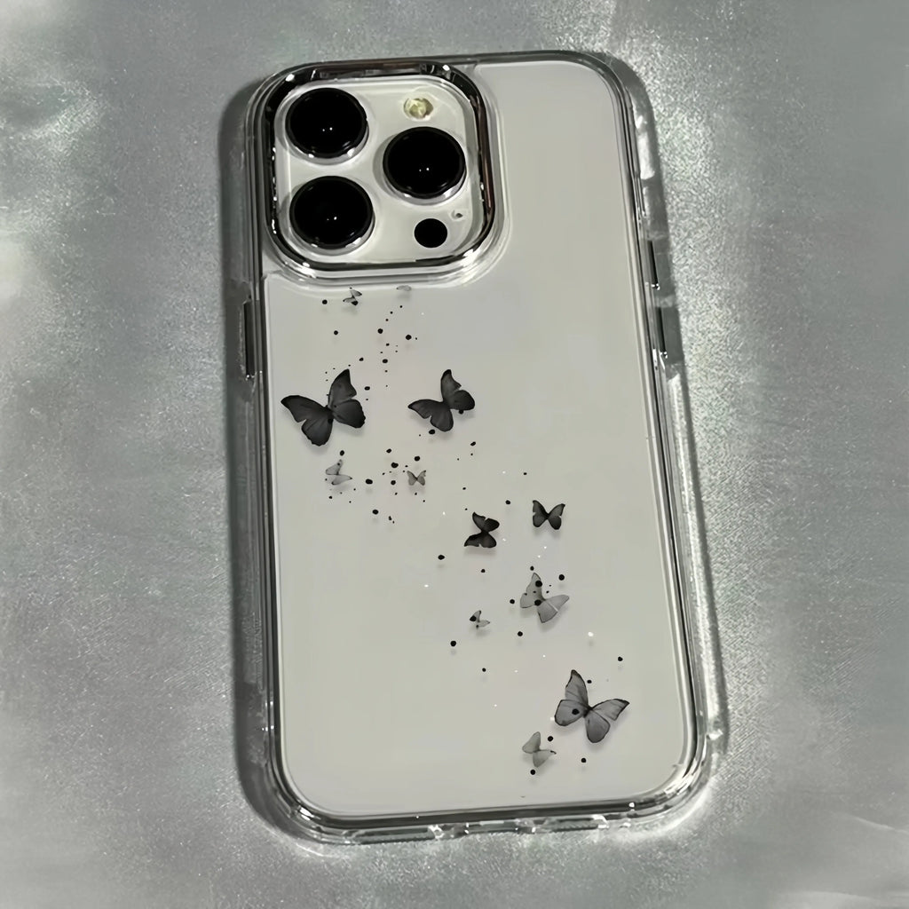 Elegant Black Butterfly Metal Frame Transparent Phone Case For iPhone 17 16 15 14 13 12 11 Pro Max Plus Air 16E Soft Clear Cover