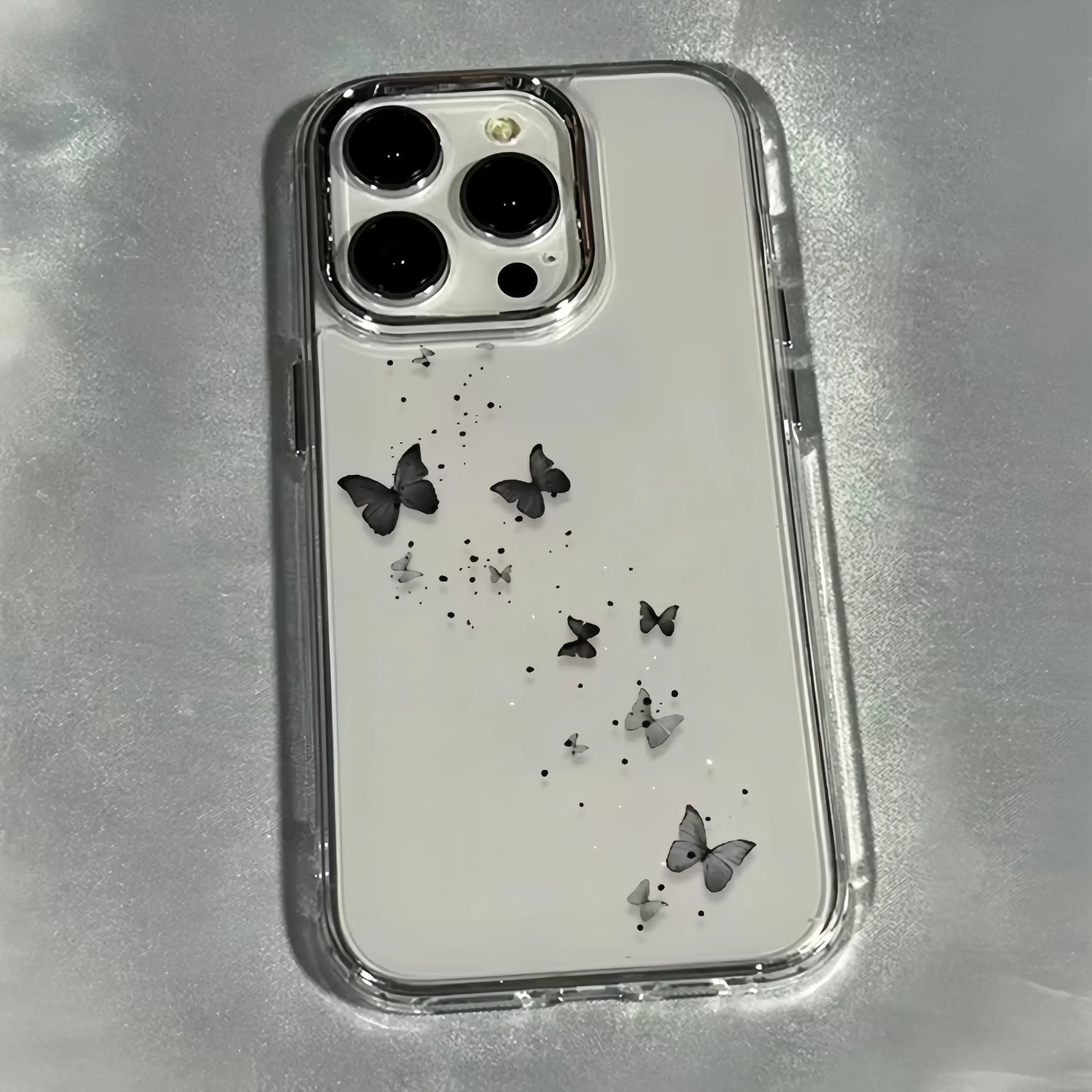 Elegant Black Butterfly Metal Frame Transparent Phone Case For iPhone 17 16 15 14 13 12 11 Pro Max Plus Air 16E Soft Clear Cover