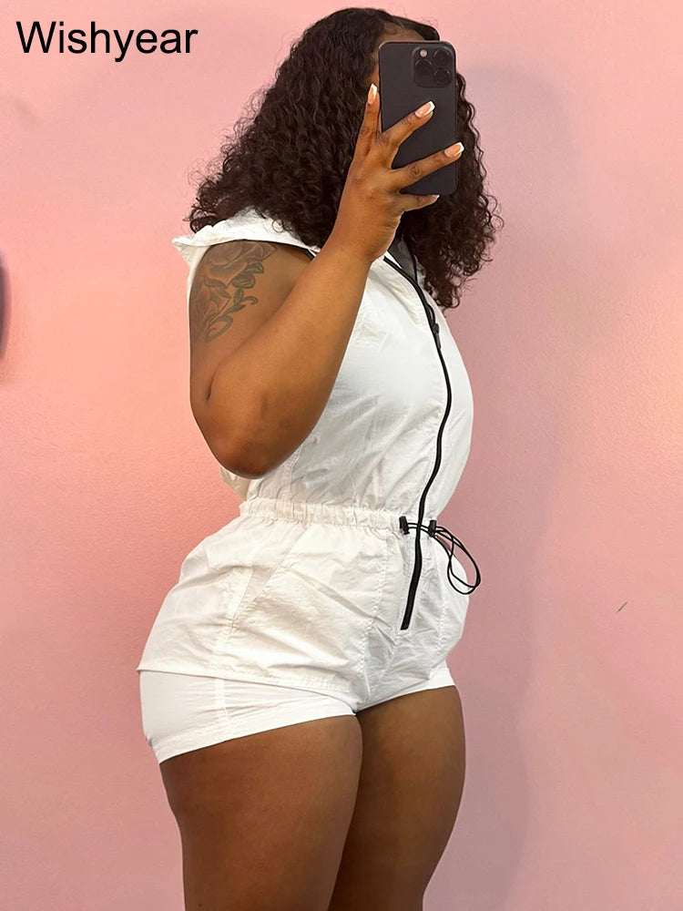 Casual Women's Short Jumpsuits Summer Sleeveless Zipper Front Drawstring Waist Playsuits Pocket One Pieces Romper Streetwear y2k