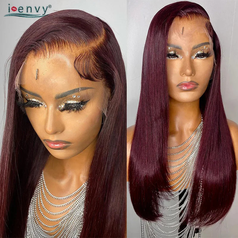 99J Red Colored Lace Front Human Hair Wigs Silky Straight 13X4 13X6 Burgundy Hd Transparent Pre Plucked Lace Frontal Wigs 180%