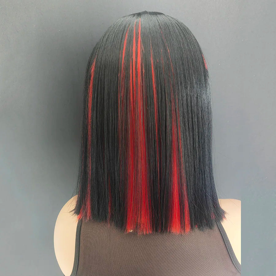 Ombre Red Short Bob Pink Non-Lace Front Synthetic Hair Wig Straight Pre Plucked Part Use For Black Women