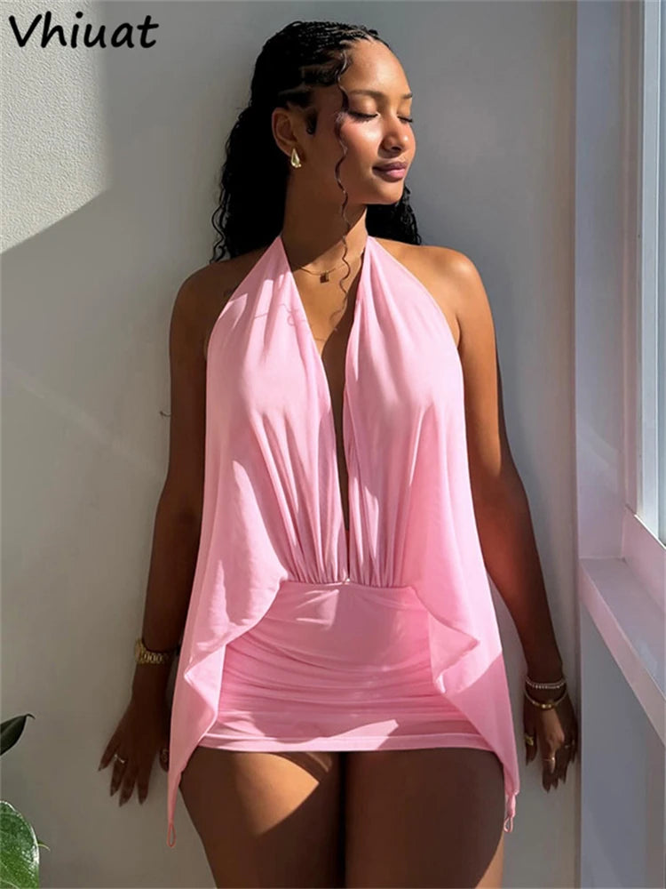 Vhiuat Women Casual Backless Bodycon Mini Dress Club Party Sleeveless Halter Pink Elegant Sexy Short Dress Vestidos Spring 2026