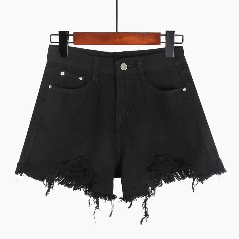 Hole Denim Shorts Women Korean Fashion High Waist Short Jeans Female Summer Slim Streetwear Irregular Wide Leg Shorts Ladies New