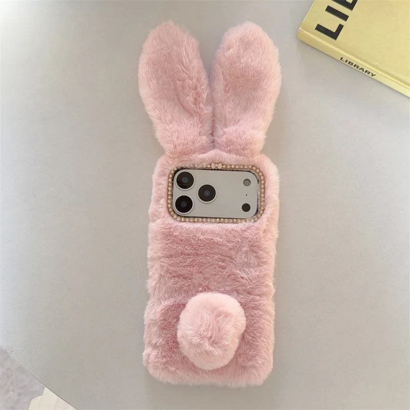 3D Cute Rabbit Ears Warm Furry Plush Bunny Phone Case For iPhone 17 Air 16 15 14 13 12 11 Pro Max XS XR X Plus Shockproof Cover