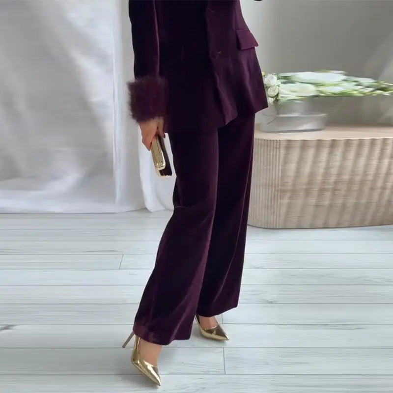 Elegant Feathers Women Blazer Pants Suit Lapel Button Coat Straight Wide Leg Trousers Lady Set 2026 Spring Female Outfits