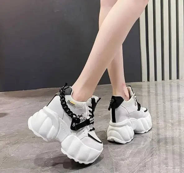 NEW Breathable Mesh 10CM Chunky Sneakers for Women Non Slip High Platform Sports Dad Shoes Woman Lace Up Thick Sole Casual Shoes