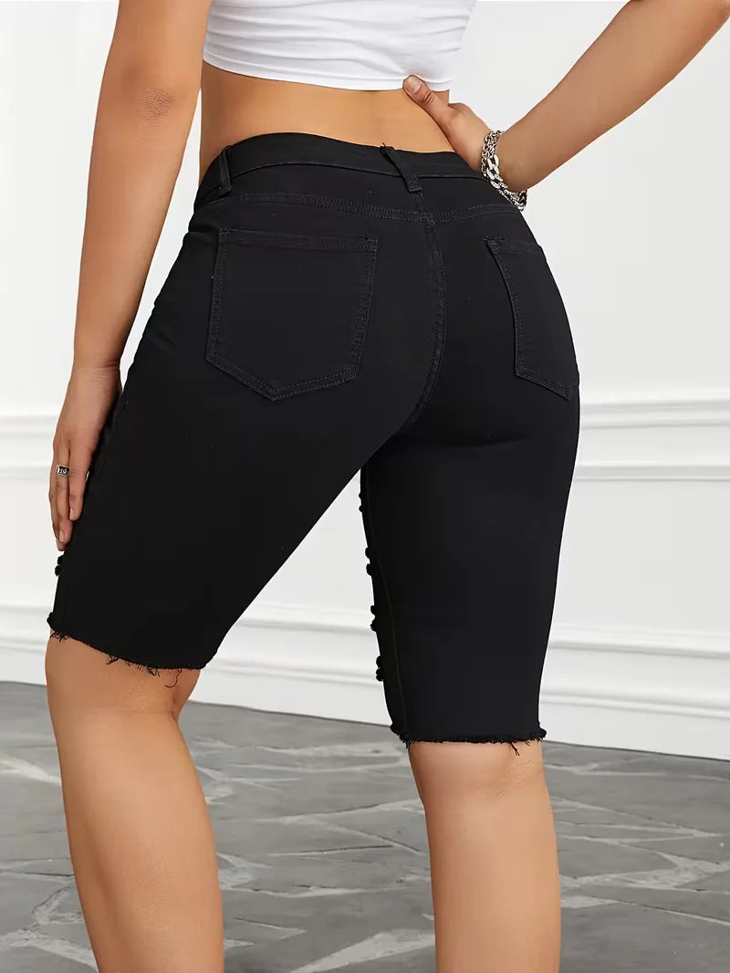 Ripped Skinny White Denim Shorts Women Sexy Slim Elastic Hip Hop Hole Short Jeans Female Fashion Y2K Street Knee-length Pants