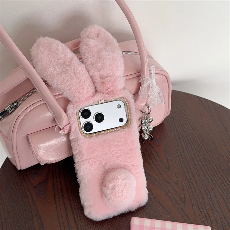 3D Cute Rabbit Ears Warm Furry Plush Bunny Phone Case For iPhone 17 Air 16 15 14 13 12 11 Pro Max XS XR X Plus Shockproof Cover