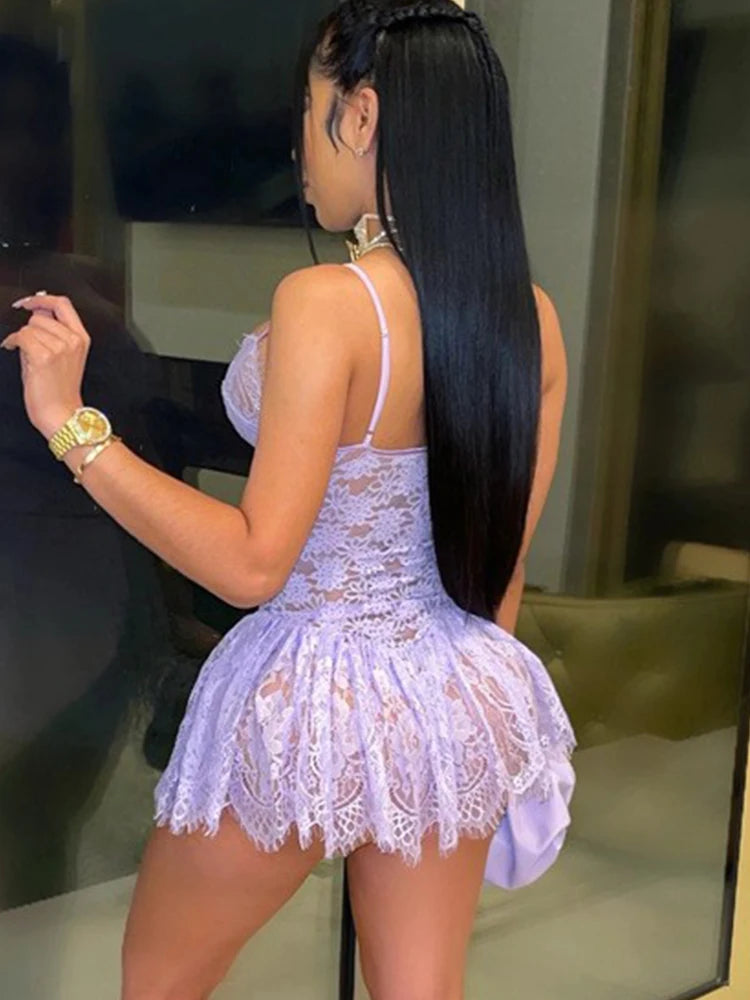 Wishyear Sexy Spaghetti Strap Lace See Through Bodycon Mini Dress Women Sexy Night Club Hot Girl Party Dance Bar Vestidos 2025