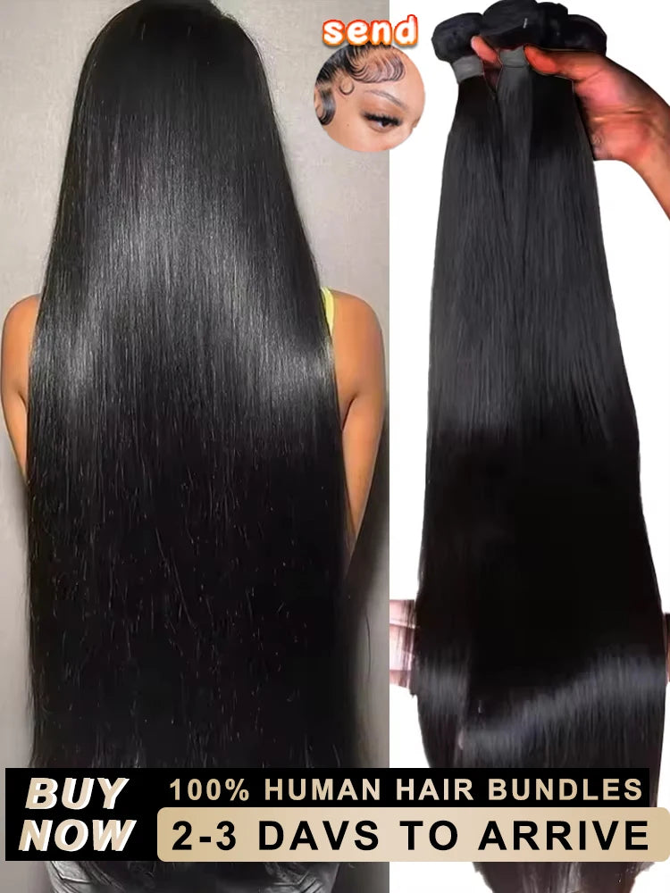 36 38 Inch Straight Bundles Real Human Hair Brazilian Virgin Hair 1 3 4 Pcs Raw Remy Hair Bundles Extensions Natural Black Color
