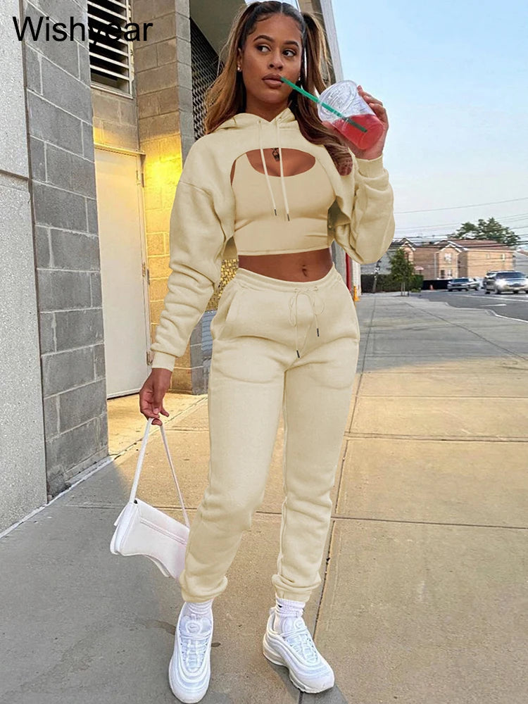 Tracksuit 3 Pieces Pants Sets for Women Velvet Hoodie Crop Tops+Vest+Sweatpants Matching Suit Sport Jogger Winter Fall Outfits
