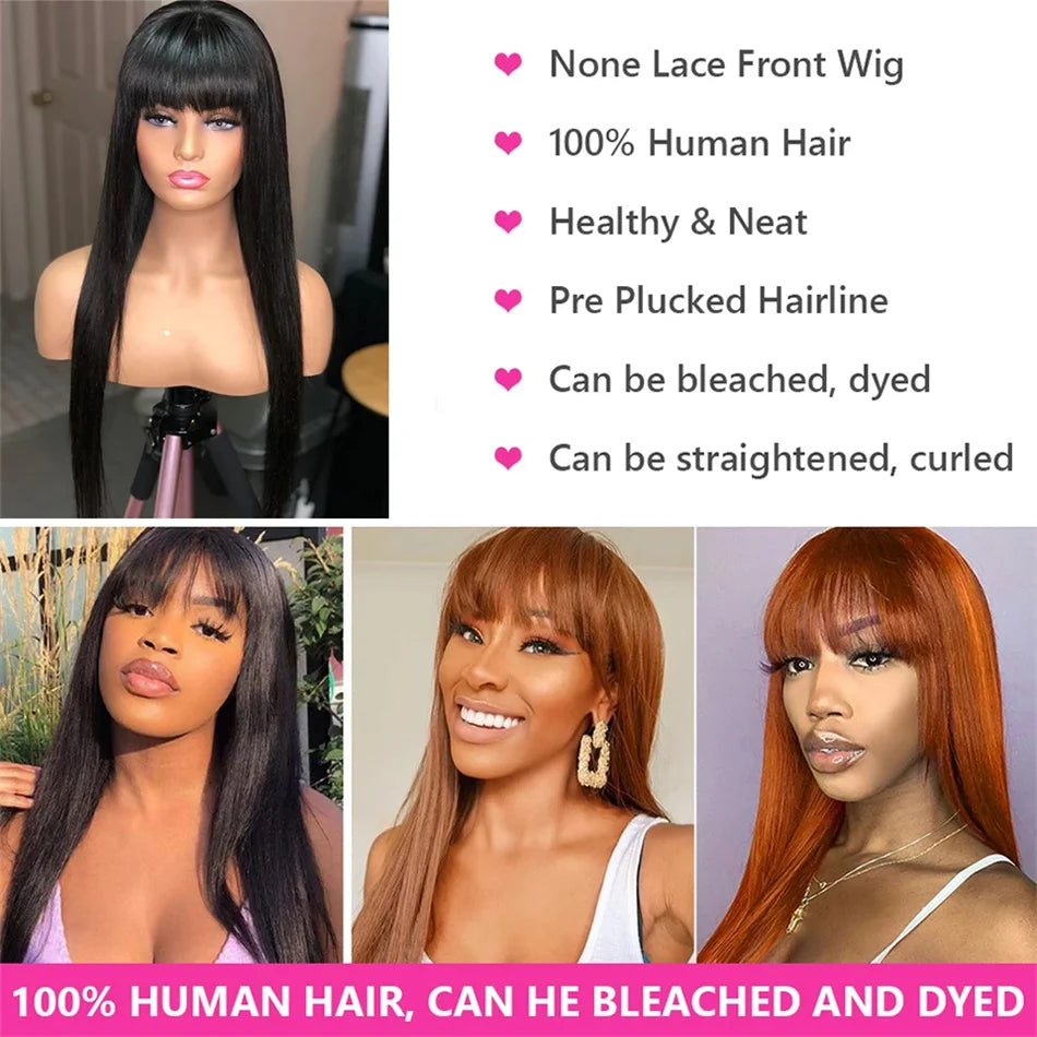Human Hair Wigs with Bangs 32 Inches Full Machine Made Hair Wig Bone Straight 200 Density Glueless Wig Human Hair Non Lace Wig