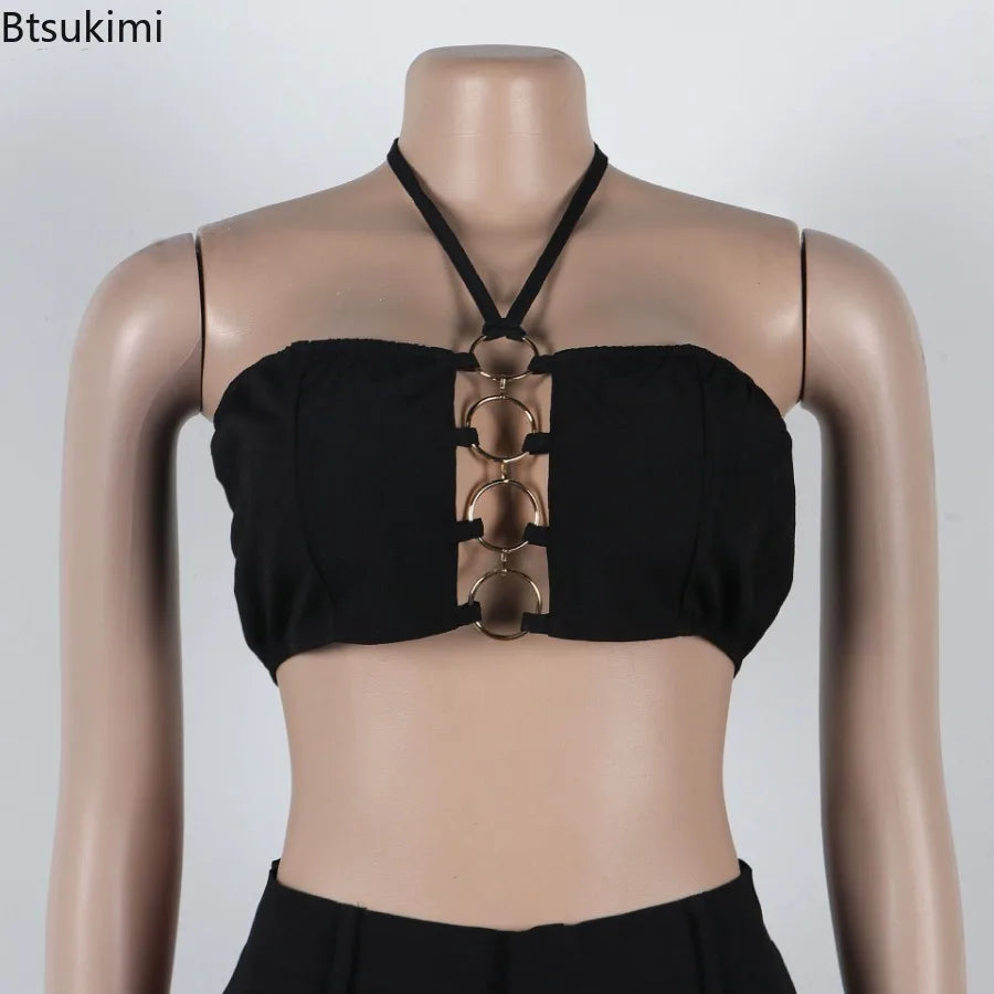 Metal Ring Hollow Out Two Piece Set Women Sexy Strapless Lace Up Halter Backless Crop Tops + Wide Leg Pants Casual Street Suits