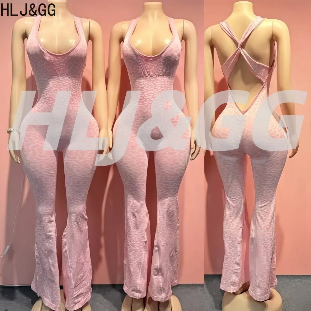 HLJ&GG Spring Sexy Leopard Print Patchwork Bodycon Jumpsuits Women Spaghetti Strap Backless Rompers Female Streetwear Overalls