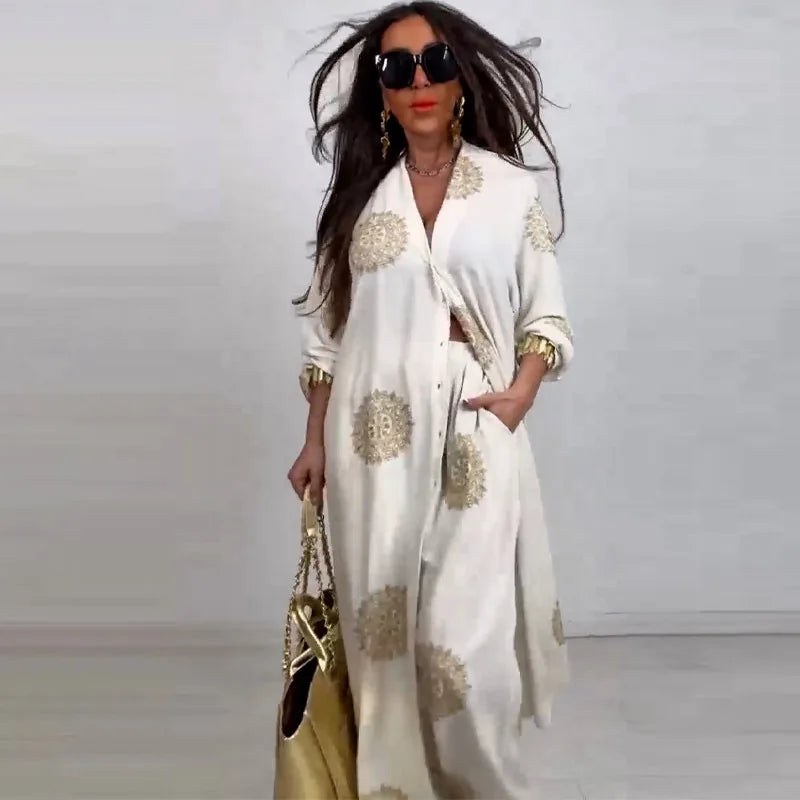 Eid Muslim Suits Women Print Blouses Wide Leg Pants Set Two Piece Musulman Ensemble Dubai Arabic Morocco Islam Casual Ramadan