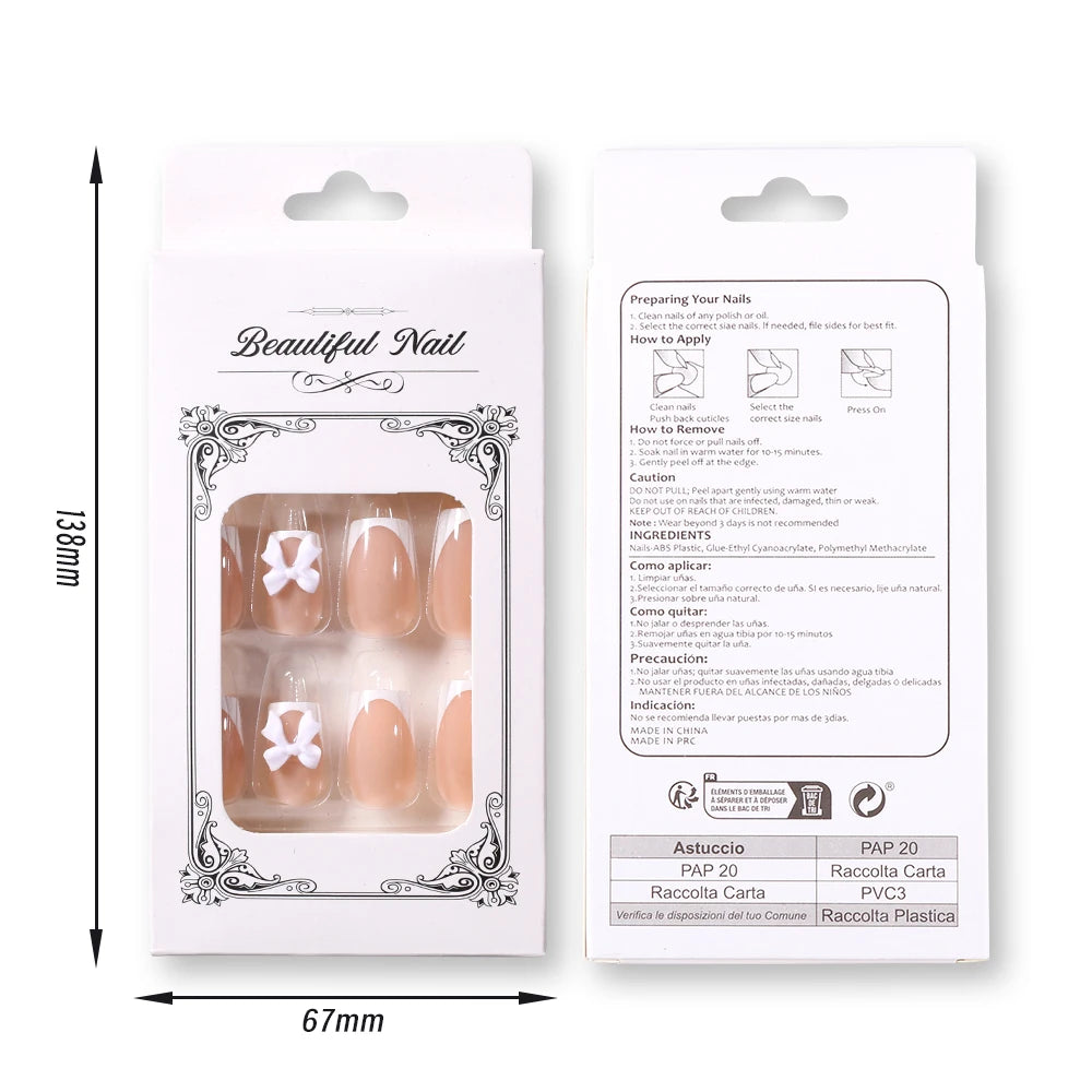 24Pcs White French Press On Nails 3D Bow Design Full Cover Wearable False Nails Short Square Head Ballet Fake Nails For Women