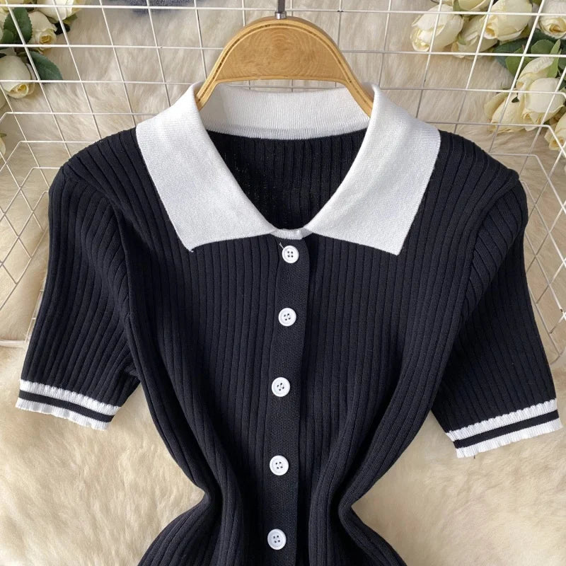 Fashion Knitting 2 Piece Sets Women Outfits Summer Clothing Women 2026 Polo-Neck Top Mini Skirt Suit Casual Knitted Dress Sets