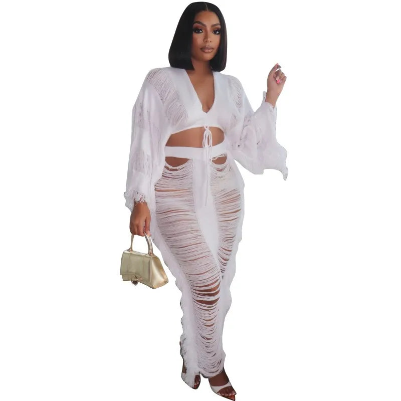 Swimwear Skirt Cover-up 2 Piece Set Women Crop Tops And Long Skirt Bathing Suit Fashion Solid Hollow Sexy Beach Cover Up Outfits