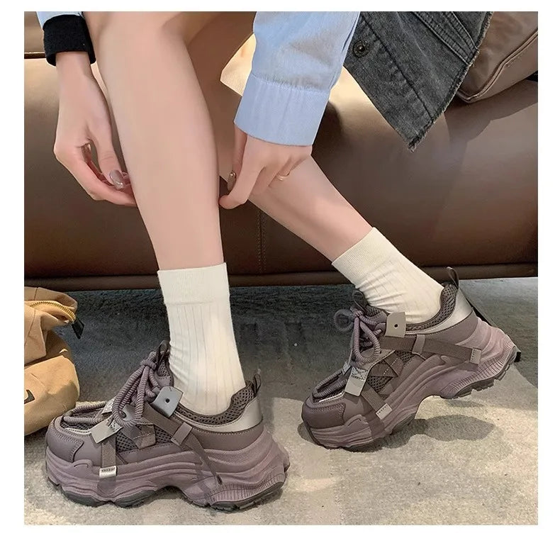Women's Chunky Sneakers  Breathable Mesh Platform Sports Shoes Woman Fashion Lace Up Thick Sole Casual Shoes Mujer