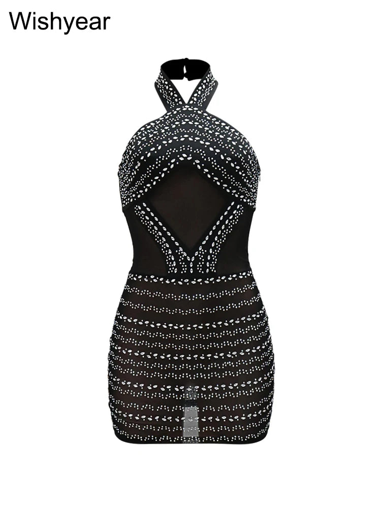 Sexy Halter Backless Sleeve Bodycon Mini Dress Black Sheer Mesh Rhinestone Party Birthday Summer Night Club Women Prom Vestidos