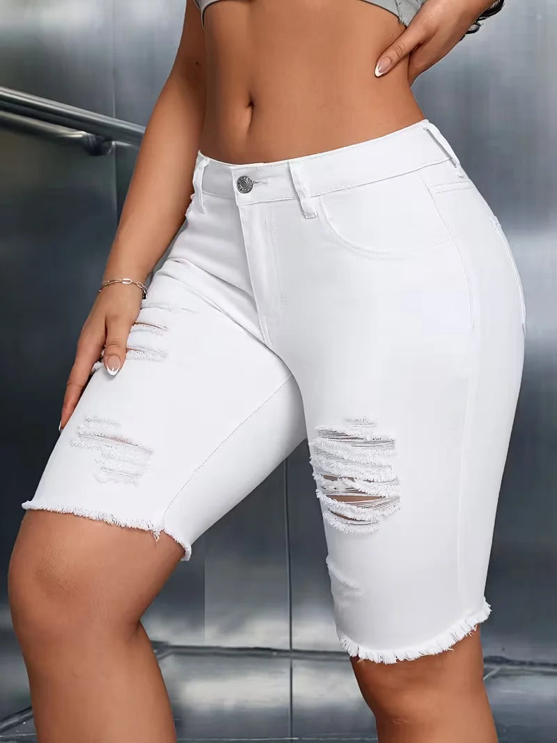 Ripped Skinny White Denim Shorts Women Sexy Slim Elastic Hip Hop Hole Short Jeans Female Fashion Y2K Street Knee-length Pants