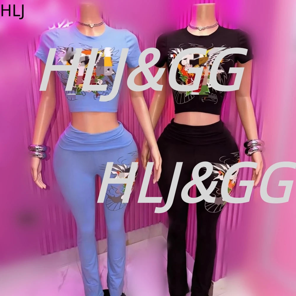 HLJ Fashion Vintage Pattern Print Two Piece Sets Women O Neck Slim Crop Top And Skinny Pants Outfits Y2K Lady 2pcs Steetwear BR