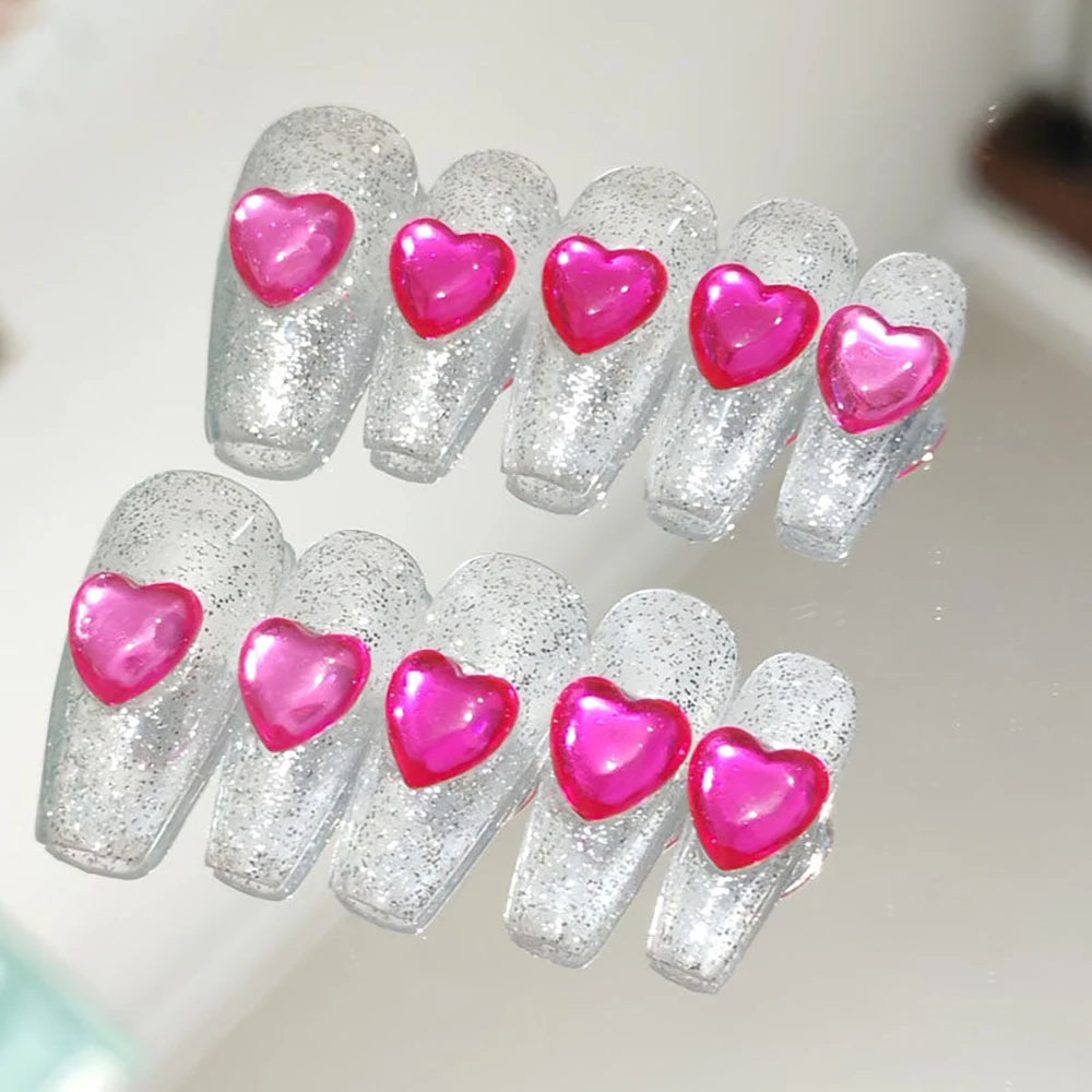 10Pcs Sweet Lovely Handmade Long Coffin Wearable Fake Nail Kawaii Girlish Heart Cartoon Pink Pearl Bow Diamond False Nail Gift