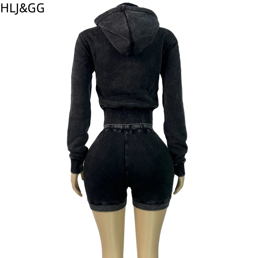 HLJ&GG High Quality Washed Casual Zip Hooded Two Piece Sets Women Long Sleeve Top+Biker Shorts Outfits Fashion Sporty Streetwear