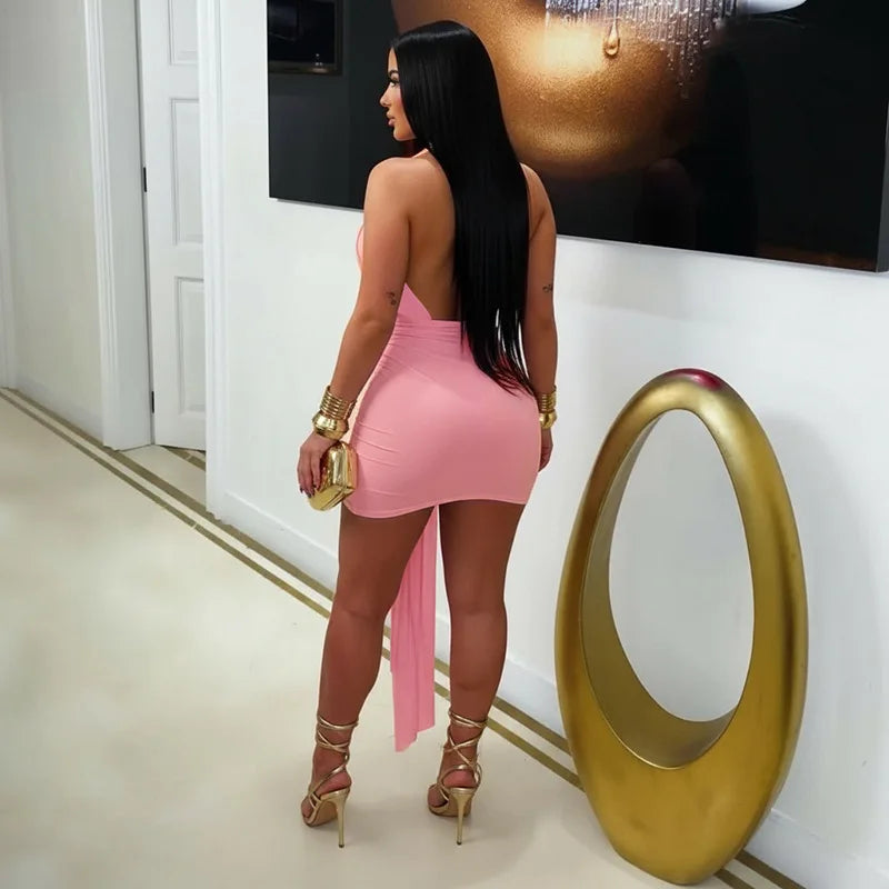 Metal Ring Ribbon Ruched Bodycon Mini Dress Women Solid Sexy Deep V Neck Lace Up Halter Backless Wrap Hip Slim Party Clubwear
