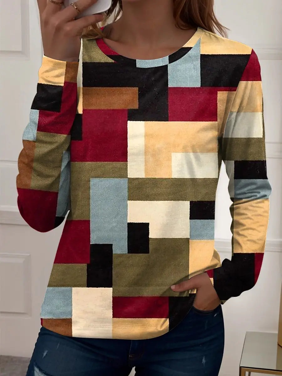 Women's 3D Plaid Stripe Print T-shirt Fashion Long Sleeve Round Neck Regular Tops Holiday Weekend Spring and Autumn