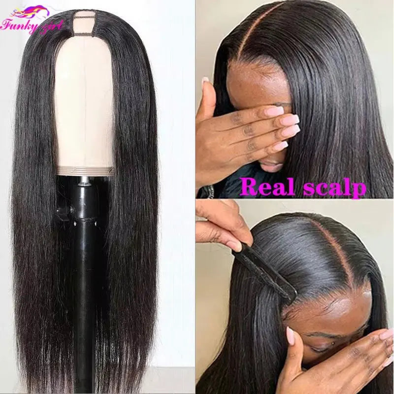Brazilian Straight U Part Wig Human Hair 30Inch Natural Black Color Bone Straight Human Hair Upart Wig For Women