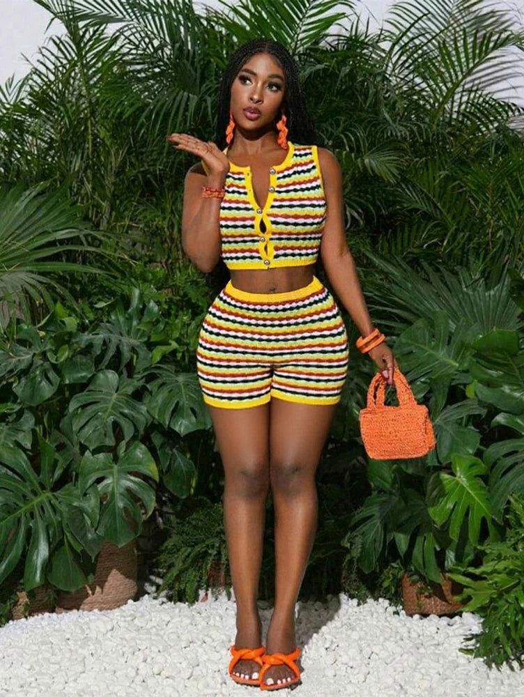 Sexy 2 Piece Shorts Set Women Outfit Knitted Striped Tank Top and Short Suits 2025 Summer Casual Vacation Sets Y2k Tracksuit
