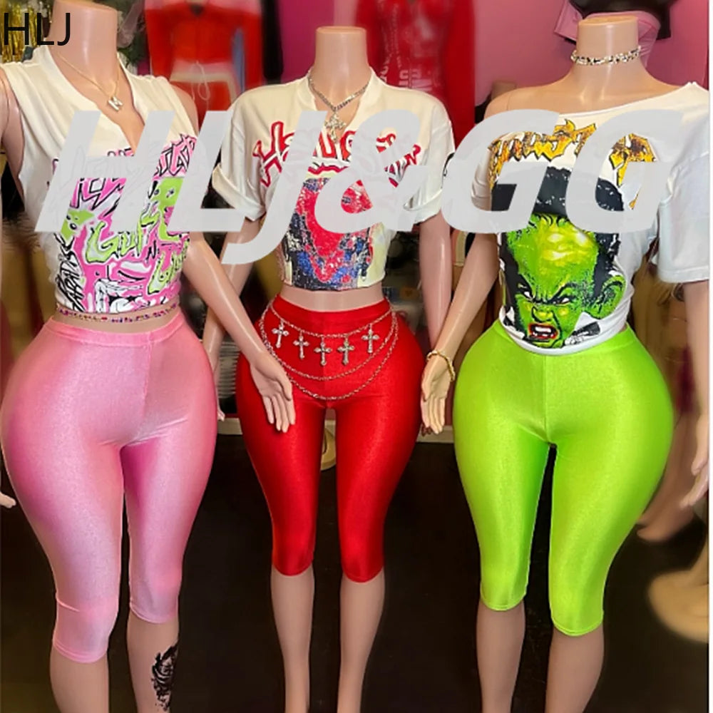 HLJ Trend American Retro Print Tshirts Two Piece Sets Women O Neck Short Sleeve Loose Top+Skinny Pants Outfit Fashion Streetwear