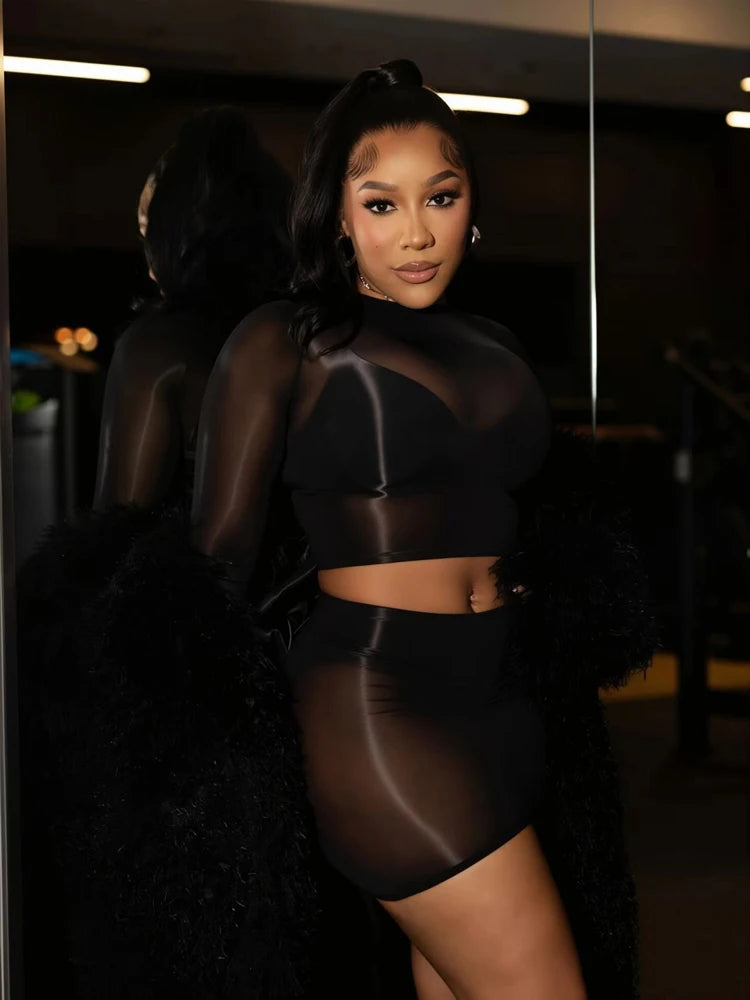 Crop Top and Skirt Set Outfits for Women Trending Spring Summer Clubwear Sexy Sheer Mesh Long Sleeve Mini Skirts Two Piece Sets